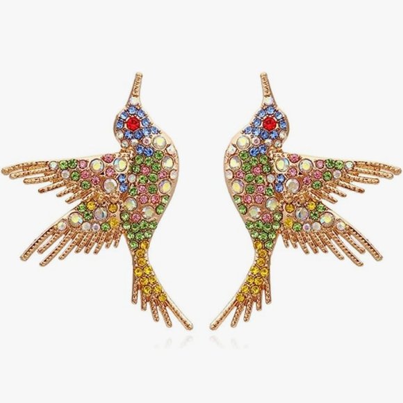 Multicolor Bird Rhinestone Earrings Gold Hummingbird CZ Pave Crystal Birds Posts - Picture 1 of 13